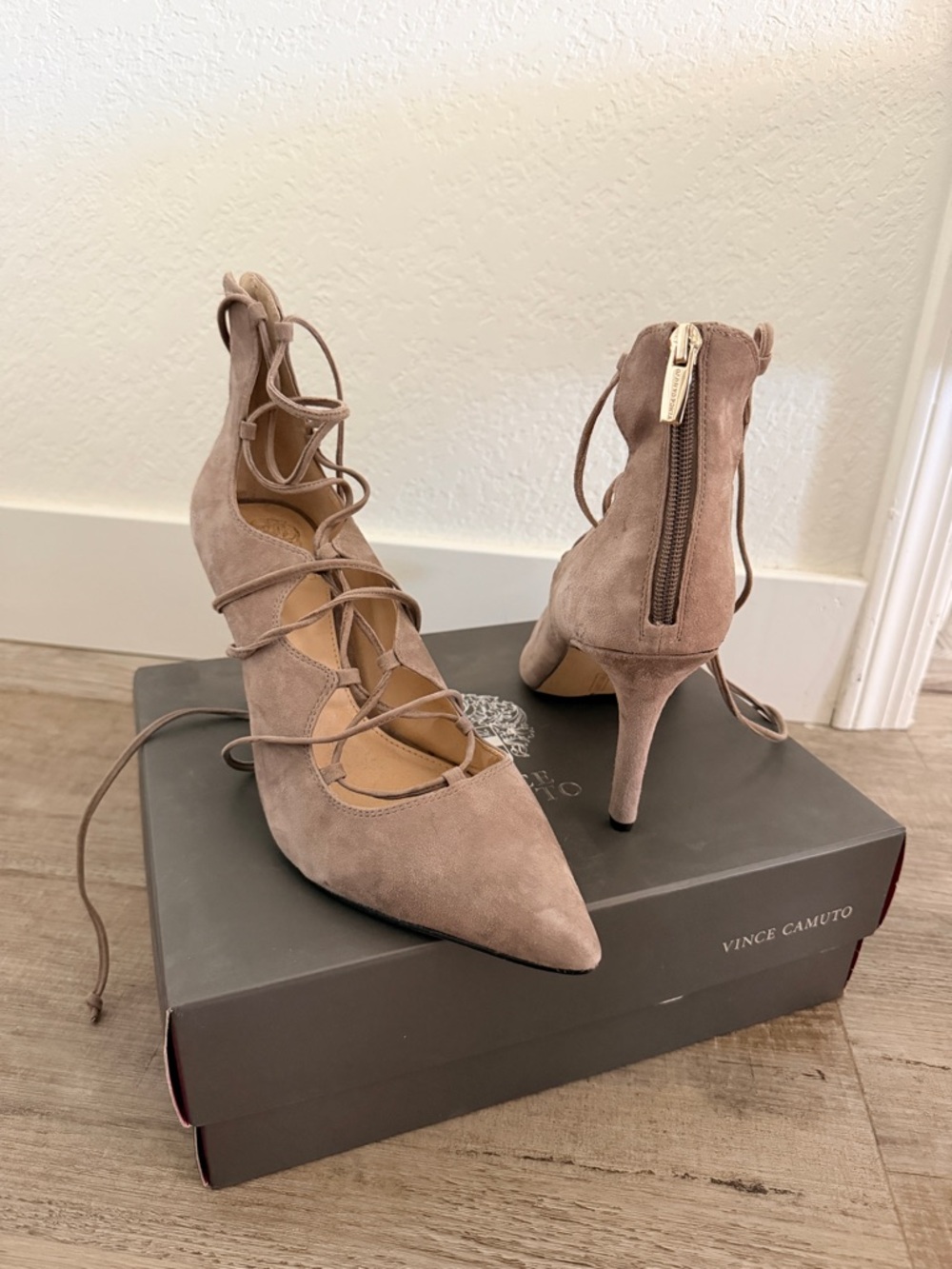 Vince Camuto Taupe Suede Lace-Up Pointed Toe Heels- size 11